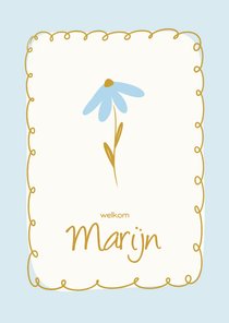 Lief geboortekaartje licht blauw met rand en bloem