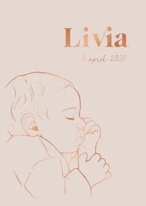 Lief geboortekaartje lijntekening slapende baby – koperfolie