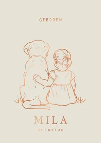 Lief geboortekaartje meisje met hond – koperfolie