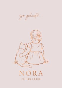 Lief geboortekaartje meisje met poes – koperfolie