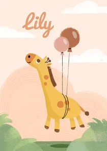 Lief geboortekaartje met een giraf met ballonnen