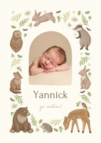 Lief geboortekaartje met foto, dieren en plantjes