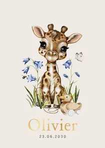 Lief geboortekaartje met giraffe, loopeend, bloemen, vlinder