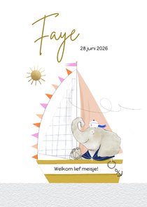 Lief geboortekaartje met olifantje en zeilboot