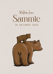 Lief geboortekaartje met tekening van 2 beren in bruintinten