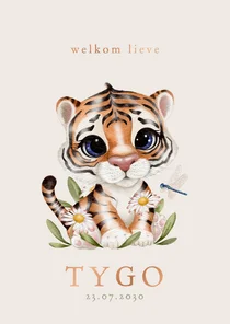 Lief geboortekaartje met tijgertje, bloemen en libelle