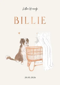 Lief geboortekaartje met vintage wieg en hond koperfolie