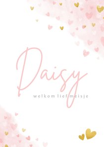 Lief geboortekaartje roze waterverf hartjes voor een meisje 