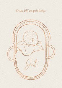Lief geboortekaartje slapende baby in mandje – koperfolie