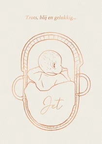 Lief geboortekaartje slapende baby in mandje – koperfolie