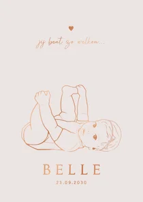 Lief geboortekaartje spelend meisje – koperfolie