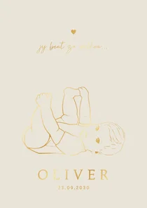 Lief geboortekaartje spelende baby – goudfolie