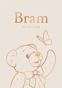 Lief geboortekaartje teddybeer met vlinder – koperfolie