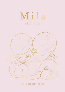 Lief geboortekaartje twee broertjes met baby – goudfolie