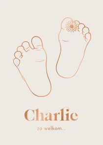 Lief geboortekaartje voetjes met madeliefje – koperfolie