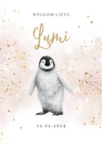 Lief geboortekaartje watercolor pinguïn goud sterren