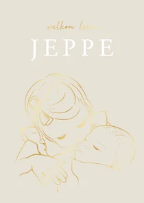 Lief geboortekaartje zus knuffelt baby – goudfolie