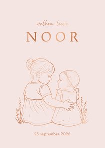 Lief geboortekaartje zus met arm om zusje – koperfolie