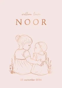 Lief geboortekaartje zus met arm om zusje – koperfolie