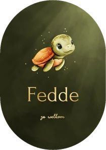Lief groen ovaal geboortekaartje met een schildpadje