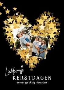 Lief kerstkaartje sterren hart goud en twee foto's