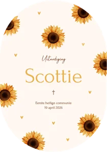 Lief ovaal communiekaartje met zonnebloemen en hartjes