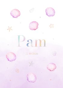 Lief pastel geboortekaartje met schelpjes en waterverf