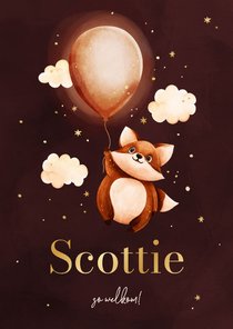 Lief roze geboortekaartje met vosje en een ballon