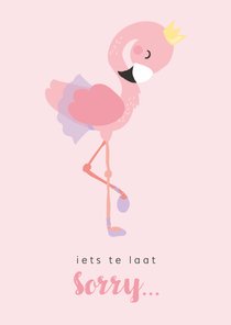 Lief roze kaartje met flamingo ballerina. oeps te laat