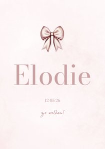 Lief staand geboortekaartje met roze strik waterverf