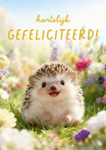 Lief verjaardagskaartje met egel tussen de bloemen