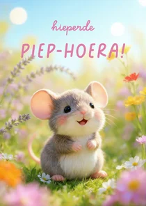 Lief verjaardagskaartje met muis en vrolijke bloemen