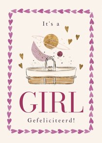 Liefdevolle felicitatiekaart geboorte meisje hartjes wiegje