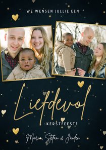 Liefdevolle kerst fotokaart twee foto's en hartjes