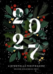 Liefdevolle kerstkaart 2027 met takjes & hartjes