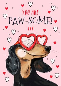 Liefdevolle valentijnskaart ‘paw-some!’ teckel hartjes
