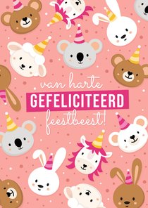 Lieve dieren verjaardagskaart voor een meisje feestbeest!