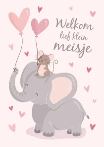 Lieve felicitatiekaart met muis en olifant geboorte meisje