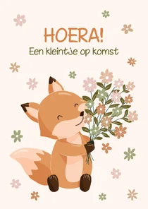 Lieve felicitatiekaart met vosje en boeket bloemen