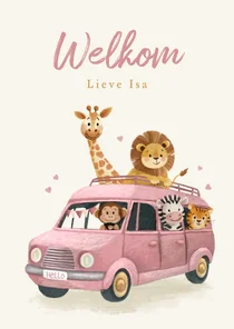Lieve felicitatiekaart met vrolijke dieren in een busje