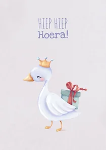 Lieve felicitatiekaart voor kind met zwaan en cadeautje