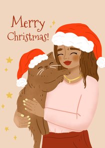 Lieve kerstkaart illustratie vrouw met kat