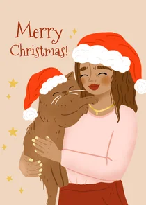 Lieve kerstkaart illustratie vrouw met kat