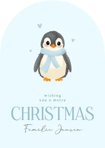 Lieve lichtblauwe kerstkaart boog met baby pinguin