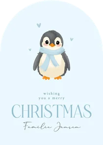 Lieve lichtblauwe kerstkaart boog met baby pinguin
