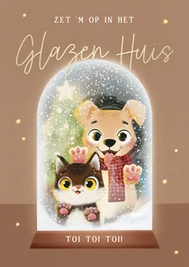 Lieve succes kaart met hond kat in sneeuwbol met sterren