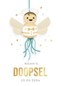 Lieve uitnodiging doop jongen met een engel gelukspoppetje