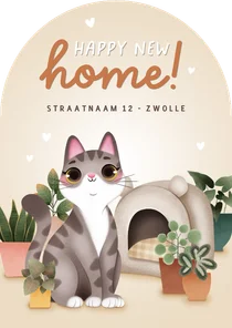 Lieve verhuiskaart kat kattenmand en planten in boogvorm