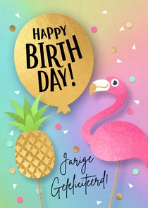 Lieve verjaardagskaart meisje flamingo ananas