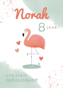 Lieve verjaardagskaart meisje roze flamingo en spetters mint